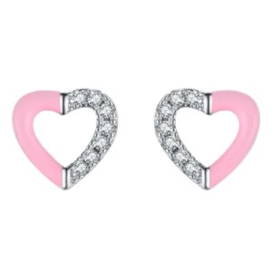 Paire de boucles d’oreilles en forme de cœur ouvert, composées d’un côté rose et d’un côté argenté serti de pierres scintillantes. Pair of open heart-shaped earrings featuring one smooth pink side and one silver side adorned with sparkling stones.
